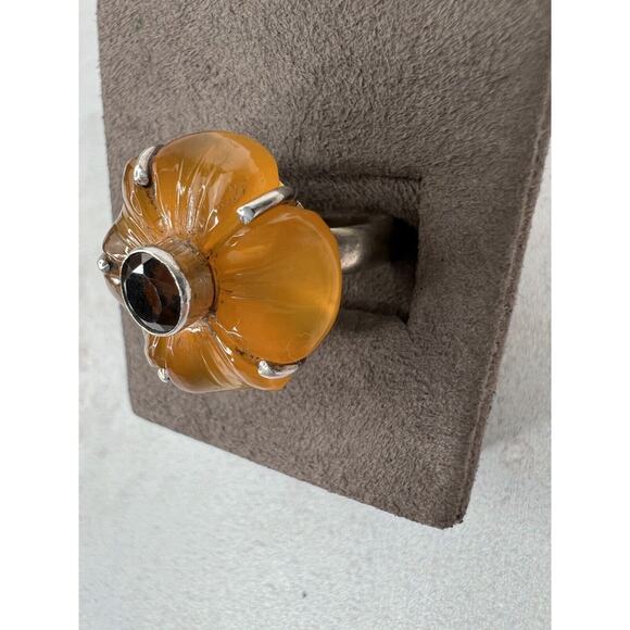 Unique Boho 925 Sterling Silver Orange Flower Ring Stone Semi Precious - Picture 3 of 10